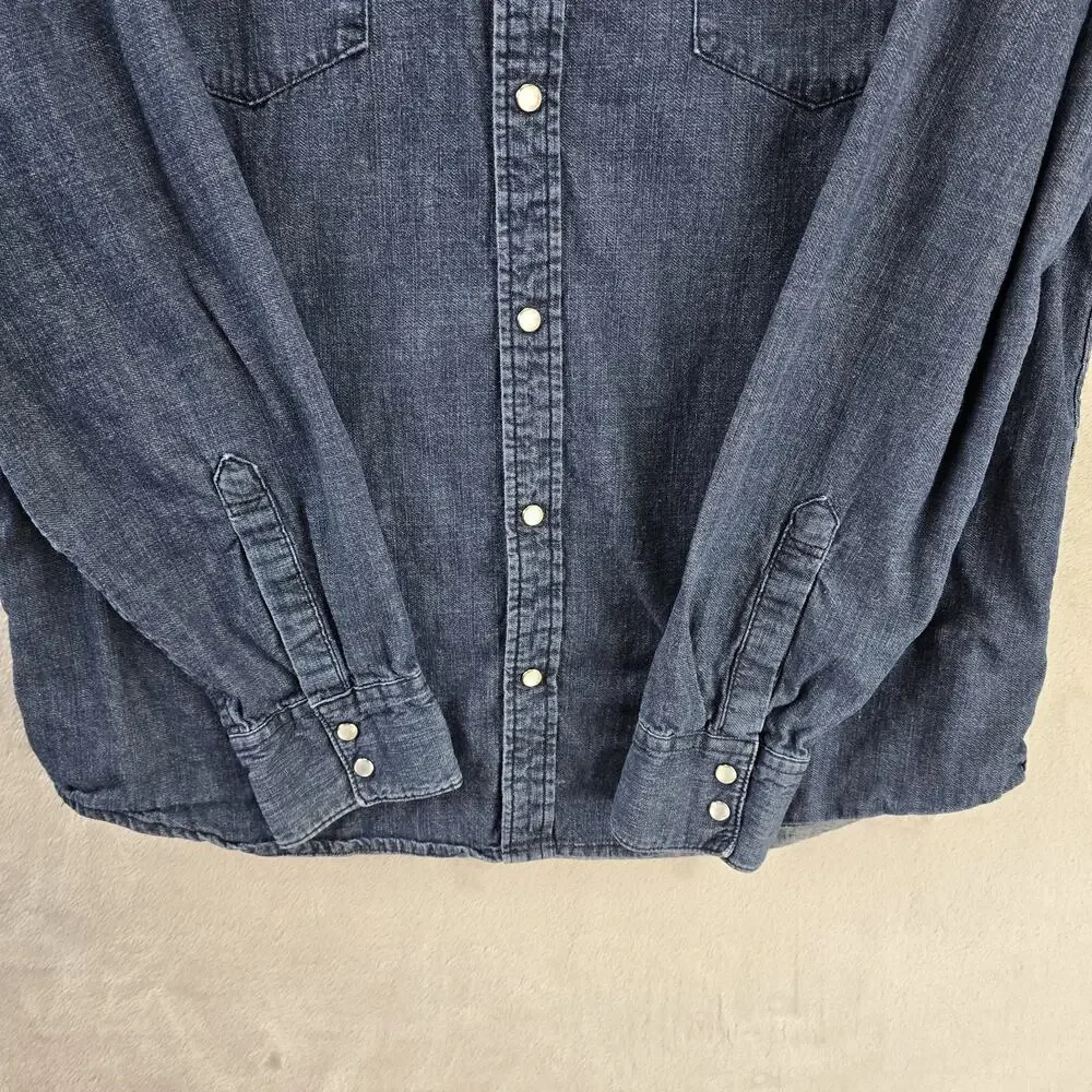 Levis Denim Pearl Snap Shirt Mens XL Blue Dark Wash Western Long Sleeve Pockets